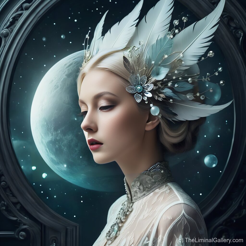 A graceful, feathered figure bathed in moonlight radiates ethereal beauty and enigmatic charm.